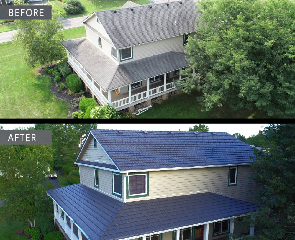 Aerial before and after of home with new dark metal roof installed