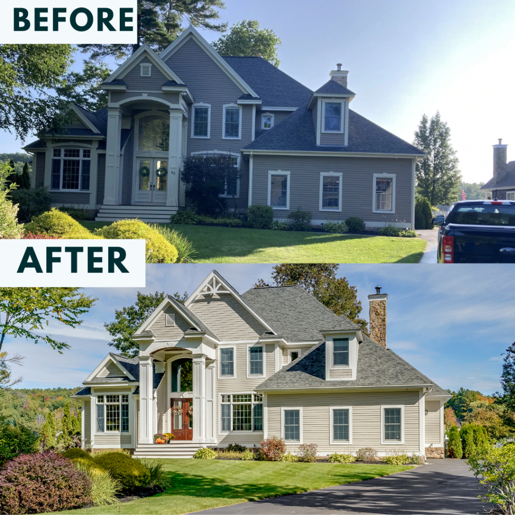 Before and after of large home with full roof and siding renovation